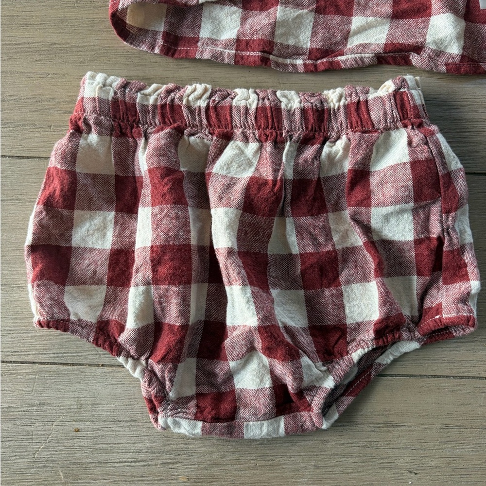 Rylee + Cru Burgundy and Cream Checkered Shirt and bloomers set, linen 2-3y - Picture 5 of 7